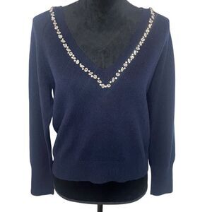 NWT VINEYARD VINES WOOL NAVY LONG SLEEVE V-NECK SWEATER WITH JEWELS WOMENS SMALL